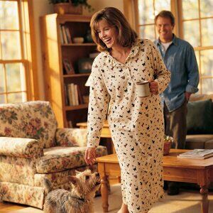 Vintage Northern Isles Women Large Cream Dog Print Nightgown Cozy Novelty 90s